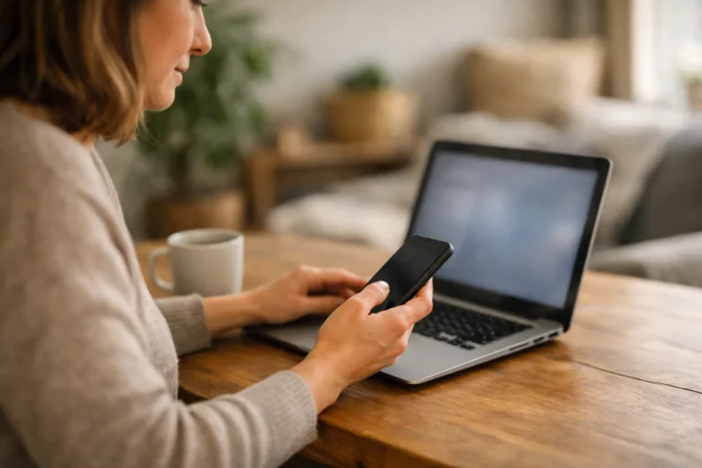 Persoon bekijkt een telefoon en laptop aan de eettafel om sociale accounts te verbinden.