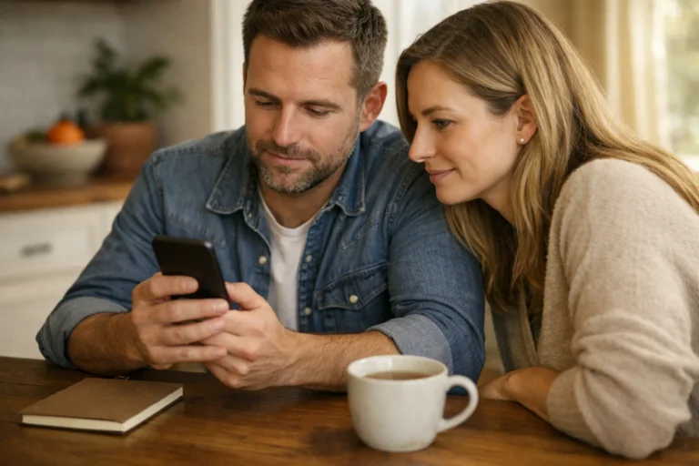 Twee mensen bekijken samen een smartphone aan de keukentafel om een profielkoppeling te controleren.