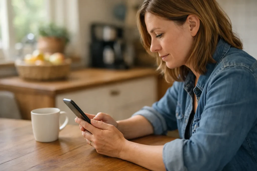 Persoon bekijkt een smartphone aan de keukentafel om de privacy van een Facebook profiel te controleren.