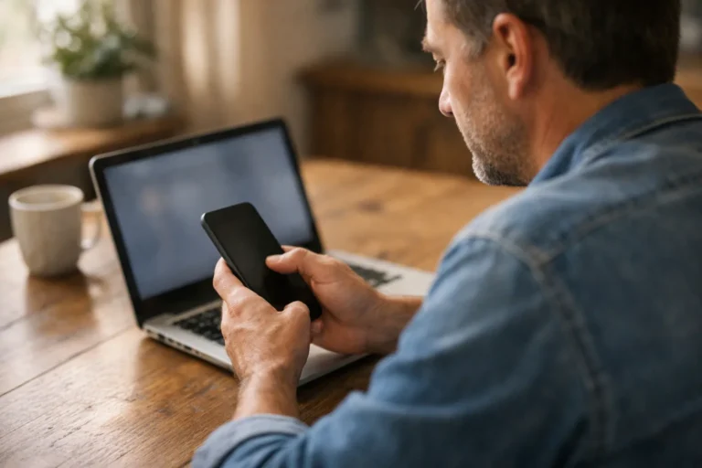 Iemand bekijkt een telefoon naast een open laptop om de toegang tot Facebook en Instagram te controleren.