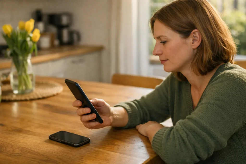 Persoon controleert een nieuwe telefoon met de oude telefoon ernaast op de keukentafel.