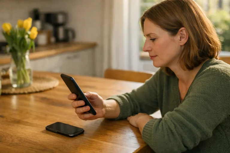 Persoon controleert een nieuwe telefoon met de oude telefoon ernaast op de keukentafel.