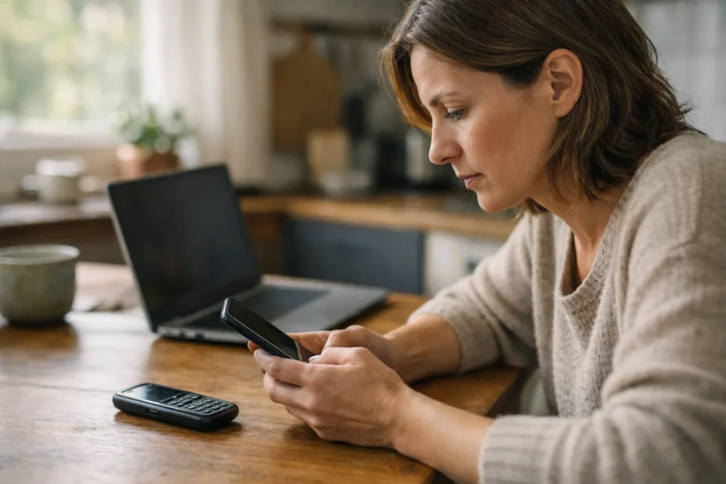 Persoon bekijkt een smartphone met een oude telefoon ernaast tijdens het herstellen van toegang tot Instagram.