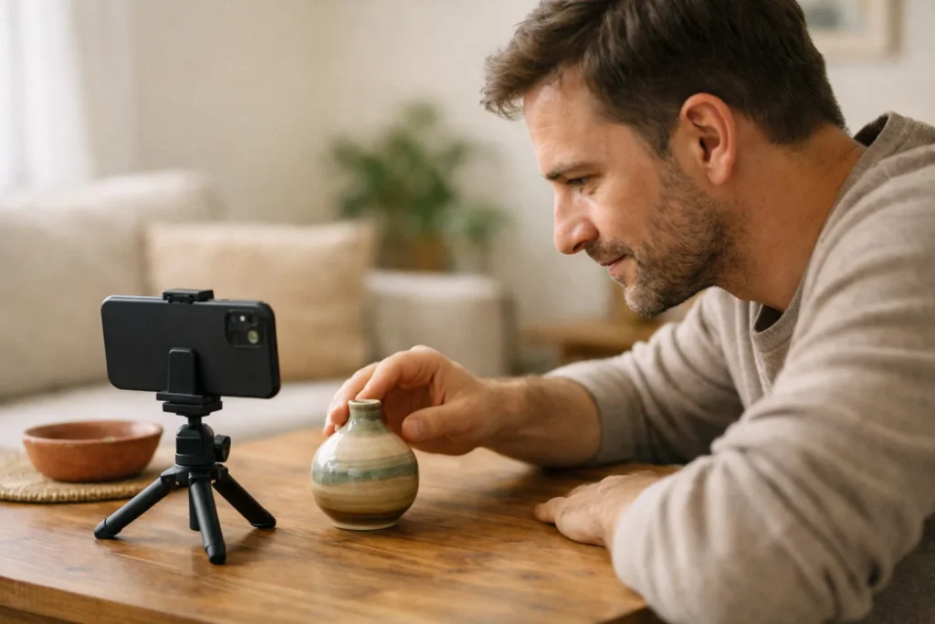 Een persoon filmt een draaiend voorwerp met een telefoon op een statief voor een herhalende video.
