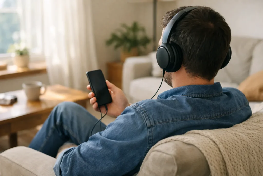 Persoon met koptelefoon luistert naar de muziek bij een video op een telefoon aan de keukentafel.