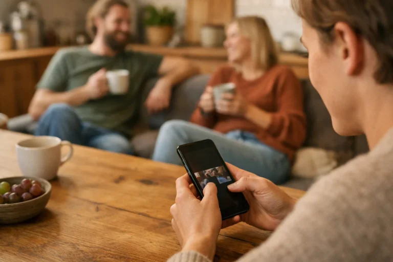 Iemand gebruikt een smartphone aan de keukentafel met twee vrienden op de achtergrond.
