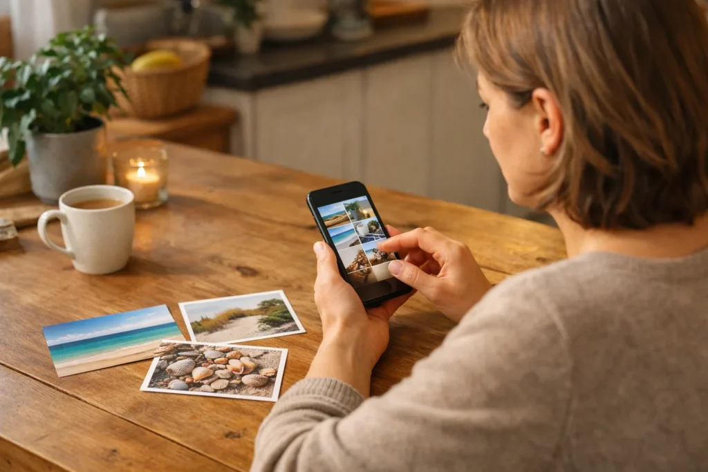 Persoon met een smartphone en strandfoto’s aan tafel om een collage voor een Instagram Story te maken.