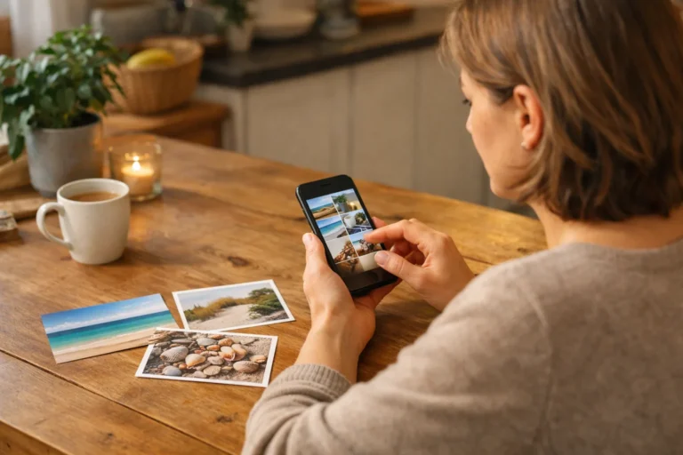 Persoon met een smartphone en strandfoto’s aan tafel om een collage voor een Instagram Story te maken.