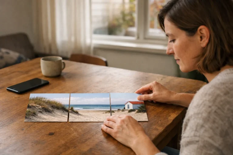 Persoon legt drie delen van een brede strandfoto naast elkaar voor een doorlopende Instagram carrousel.