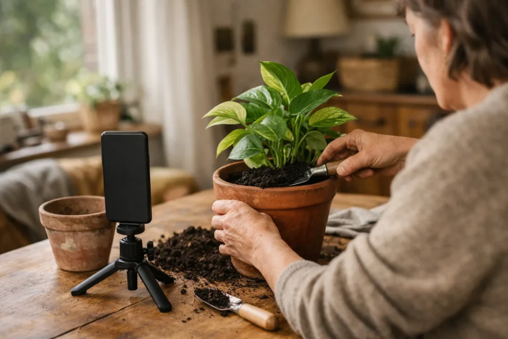Iemand filmt het verpotten van een kamerplant met een smartphone voor een Instagram Reel.