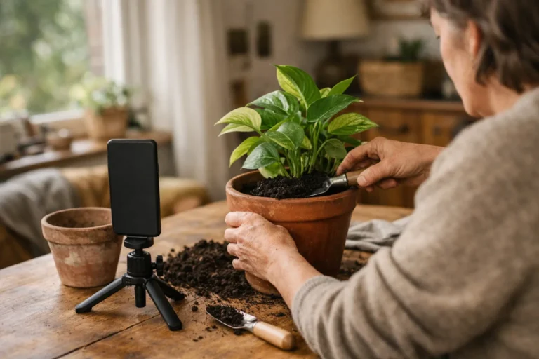 Iemand filmt het verpotten van een kamerplant met een smartphone voor een Instagram Reel.