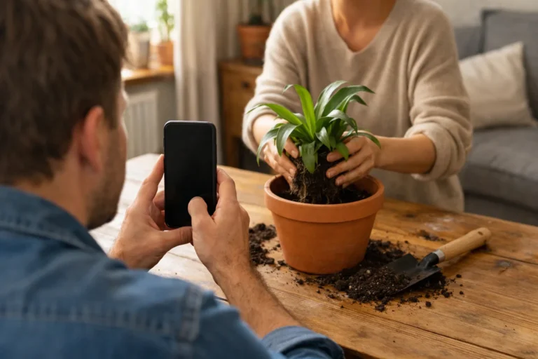 Iemand filmt met een telefoon hoe een kamerplant wordt verpot voor een Facebook Reel.