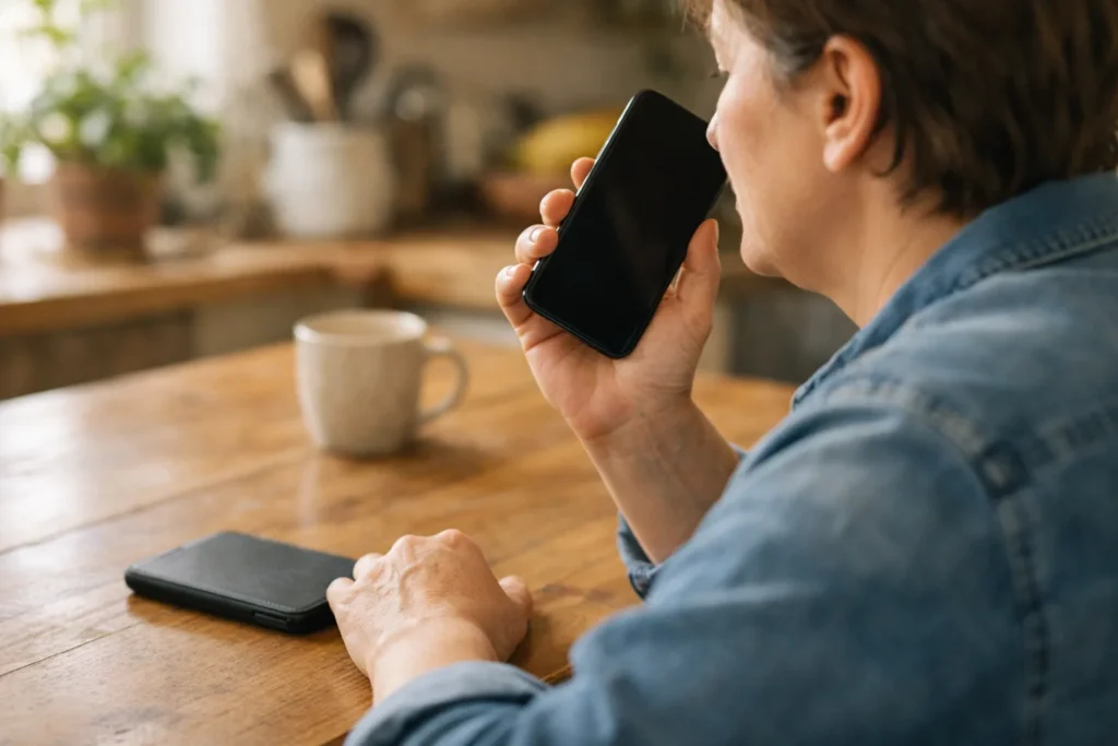 Een persoon luistert thuis naar een geluidsfragment op de telefoon om een beltoon te kiezen.