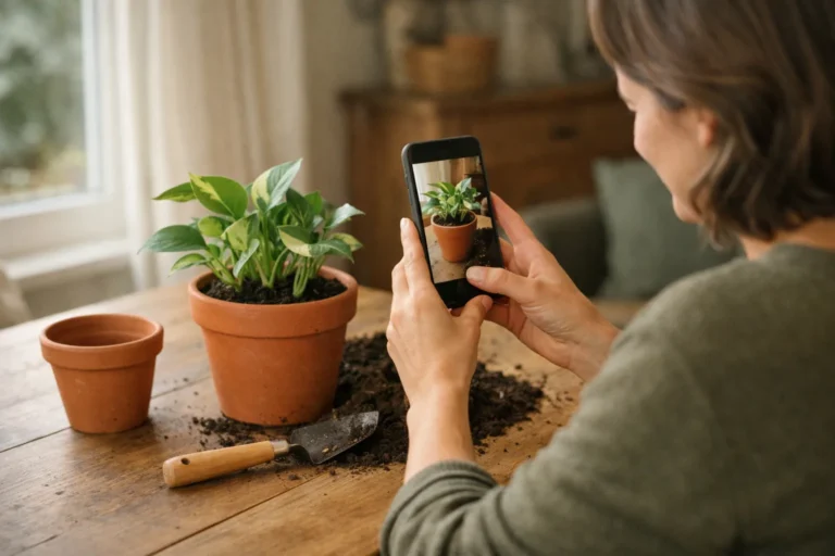 Iemand filmt met een telefoon een kort fragment van het verpotten van een kamerplant.