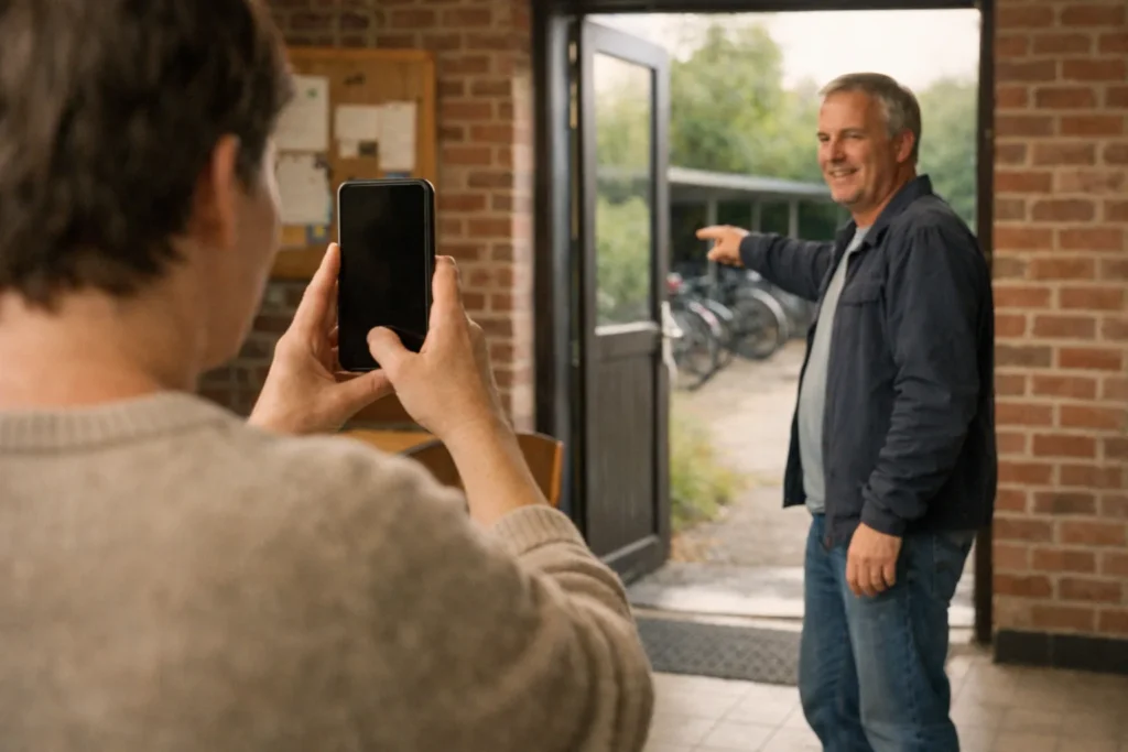 Iemand filmt met een telefoon hoe je bij de fietsenrekken achter een verenigingsgebouw komt.