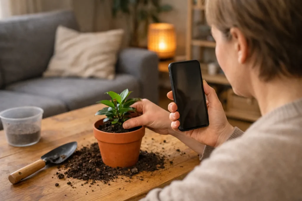 Iemand filmt met een telefoon hoe een kamerplant wordt verpot voor een Instagram video.