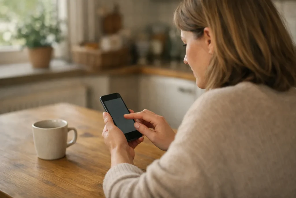 Persoon die aan de keukentafel een profieltekst op een telefoon aanpast.