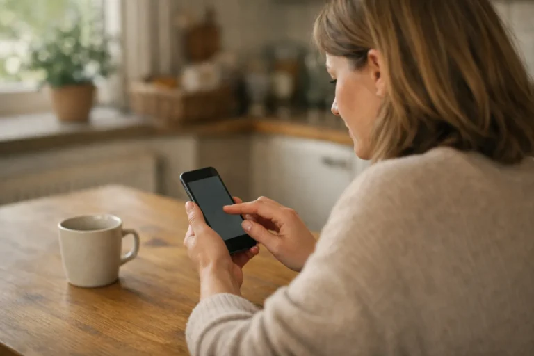 Persoon die aan de keukentafel een profieltekst op een telefoon aanpast.