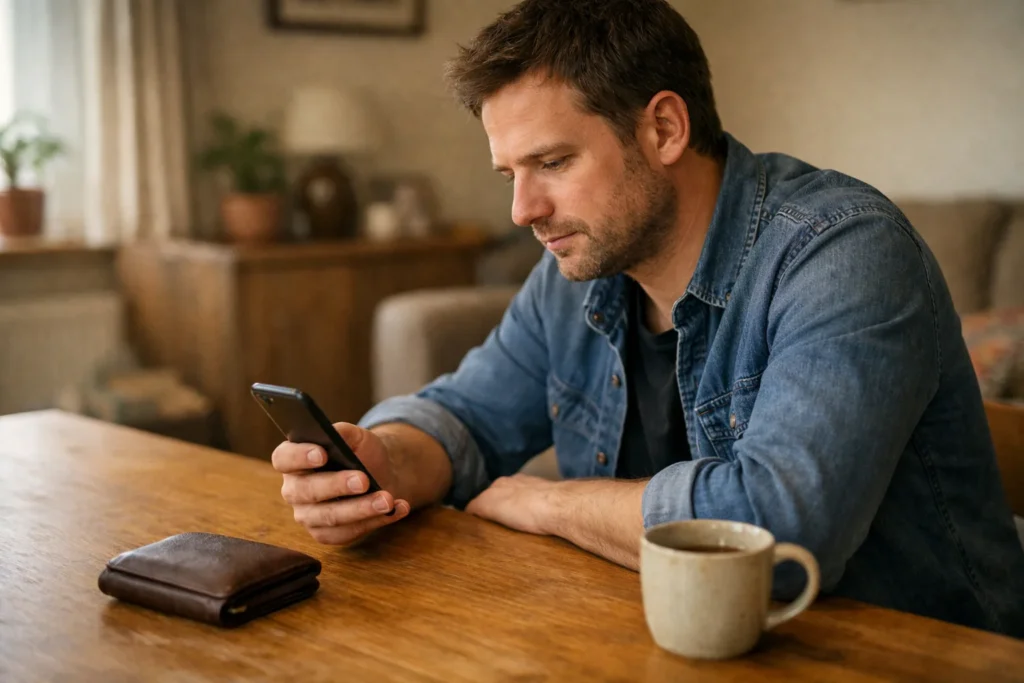 Persoon aan een houten tafel in de woonkamer die aandachtig op een smartphone kijkt.