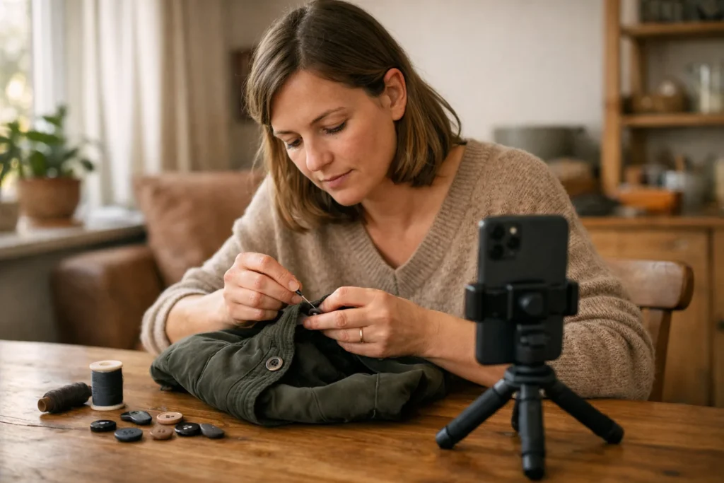Persoon geeft via een smartphone live uitleg over het vastnaaien van een knoop aan een jas.