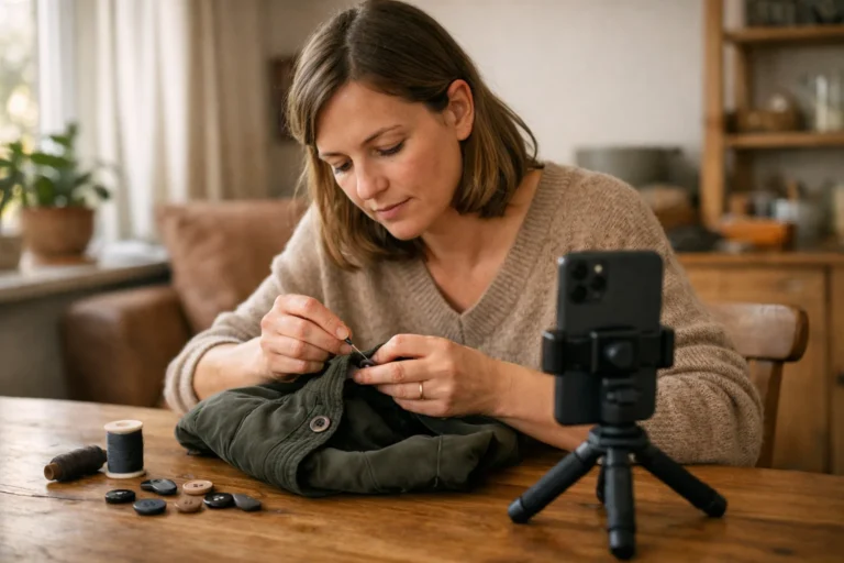 Persoon geeft via een smartphone live uitleg over het vastnaaien van een knoop aan een jas.