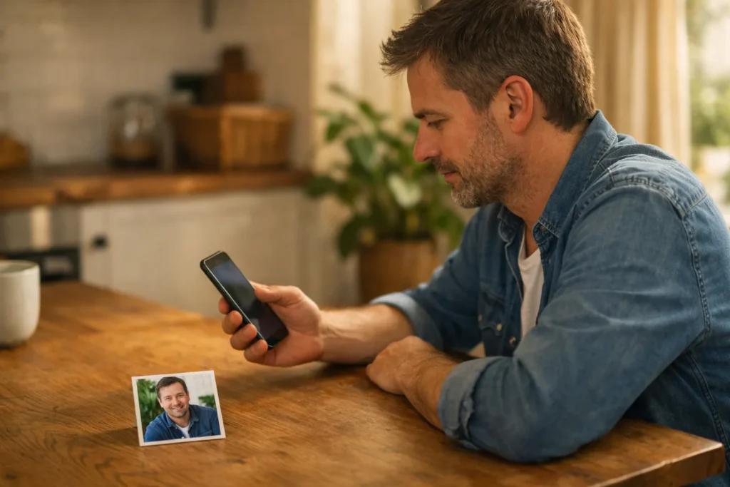 Persoon bekijkt een smartphone aan de keukentafel met een portretfoto ernaast.