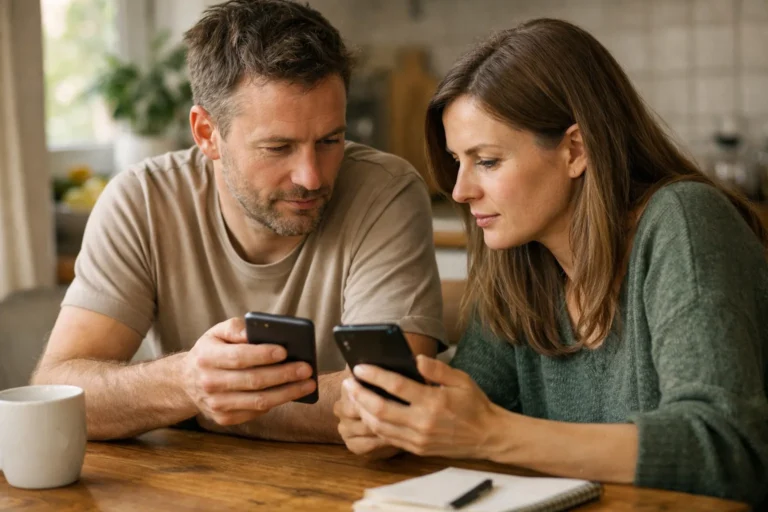 Twee mensen vergelijken op hun telefoons of een gedeelde video zichtbaar is.