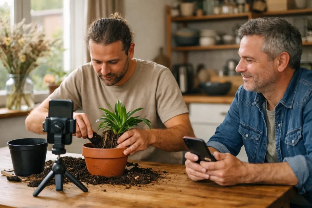 Iemand verpot een plant tijdens een livestream terwijl een helper op een telefoon meeleest.