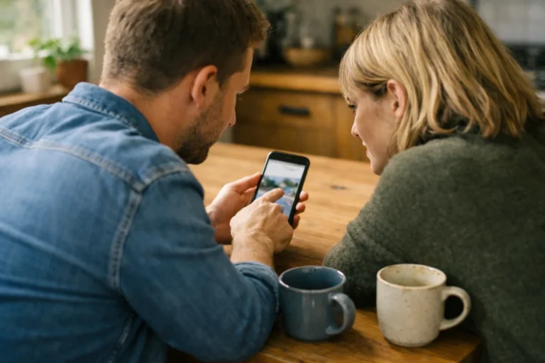 Twee vrienden bekijken samen een smartphone aan de keukentafel.