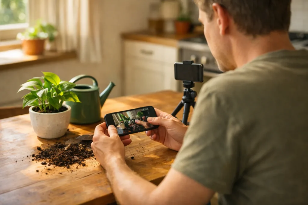 Persoon bekijkt een opname op een telefoon aan de keukentafel, met een kamerplant en statief ernaast.