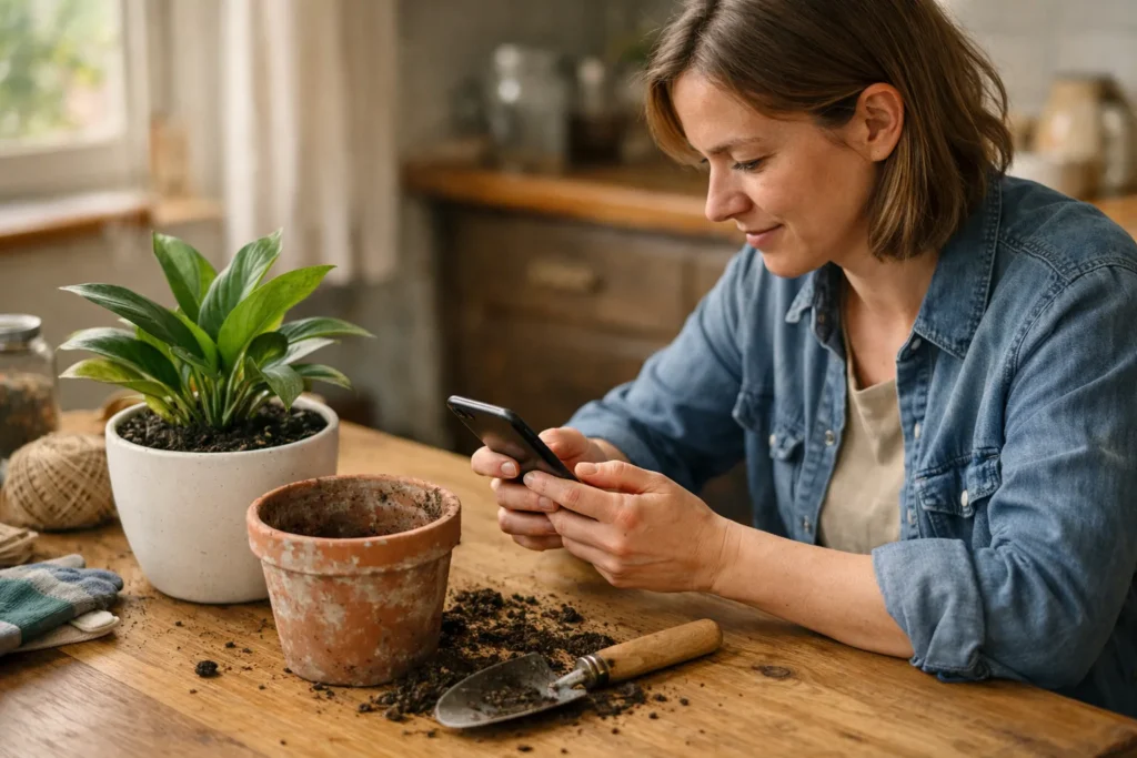Persoon bekijkt een video op de telefoon na het verpotten van een kamerplant aan de keukentafel.