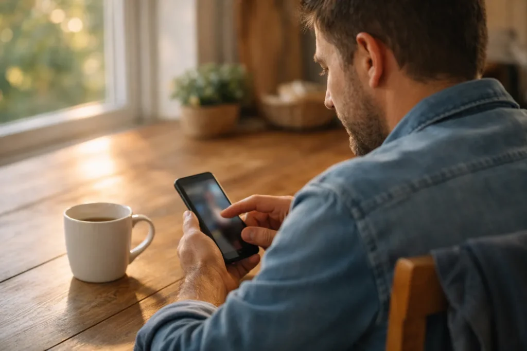 Iemand bekijkt een smartphone aan de keukentafel in warm daglicht.