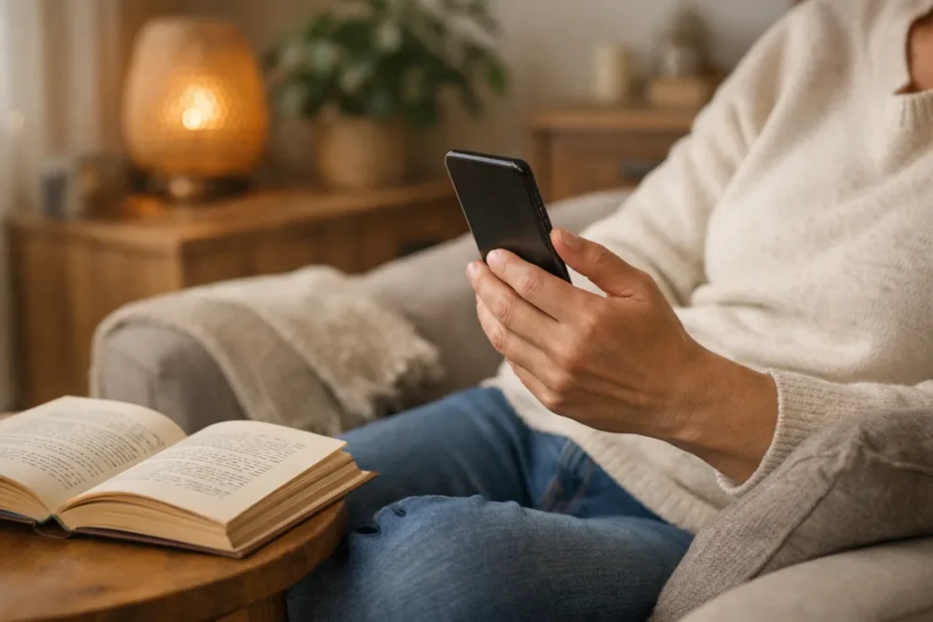 Persoon op de bank die met de volumeknop het geluid van een smartphone zachter zet.