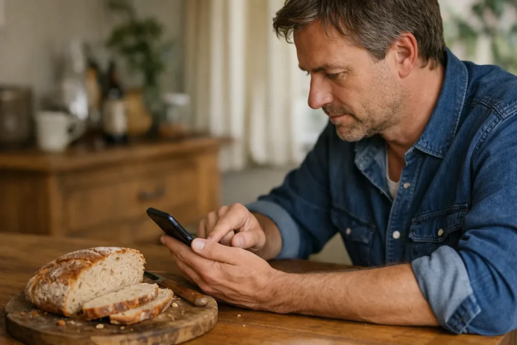 Persoon bekijkt een smartphone aan de keukentafel met zelfgebakken brood op tafel.
