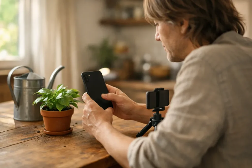 Persoon bekijkt een telefoon aan de keukentafel naast een kamerplant en een klein statief.