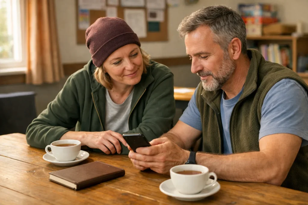 Twee vrijwilligers bekijken samen een smartphone aan tafel in een buurthuis.