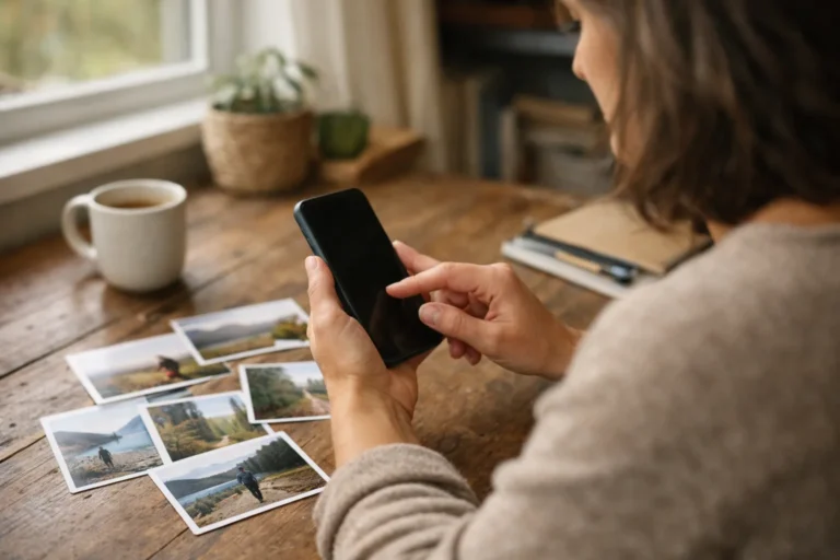 Persoon bekijkt een smartphone aan tafel om een foto voor het eigen Instagram profiel te kiezen.