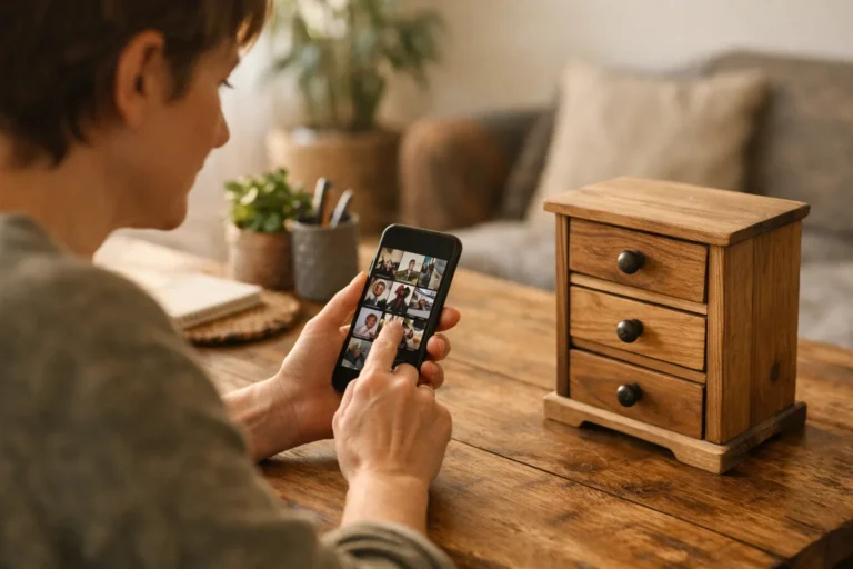 Persoon bekijkt een smartphone aan tafel, met een zelfgemaakt houten kastje op de achtergrond.