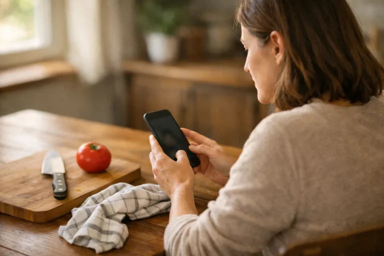 Persoon bekijkt thuis een smartphone om een eigen kookvideo voor het TikTok profiel te kiezen.