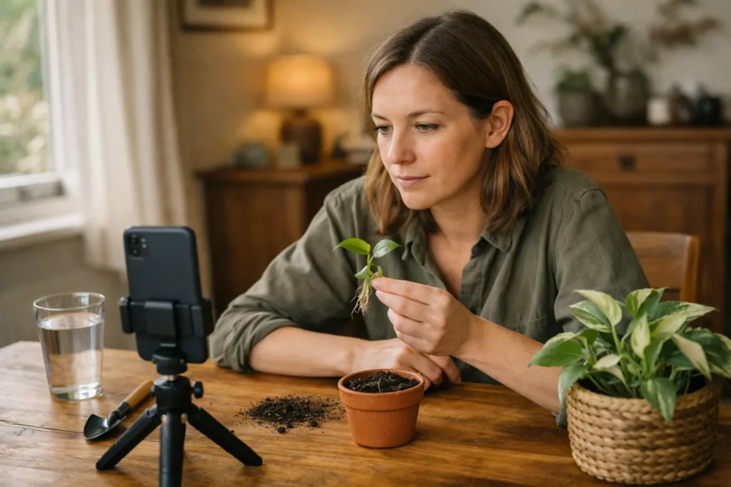 Persoon leest tijdens een live uitleg over planten stekken een vraag op een telefoon.