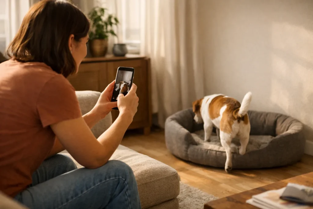 Persoon filmt met een telefoon een hond die naar zijn mand loopt voor een Instagram Story.