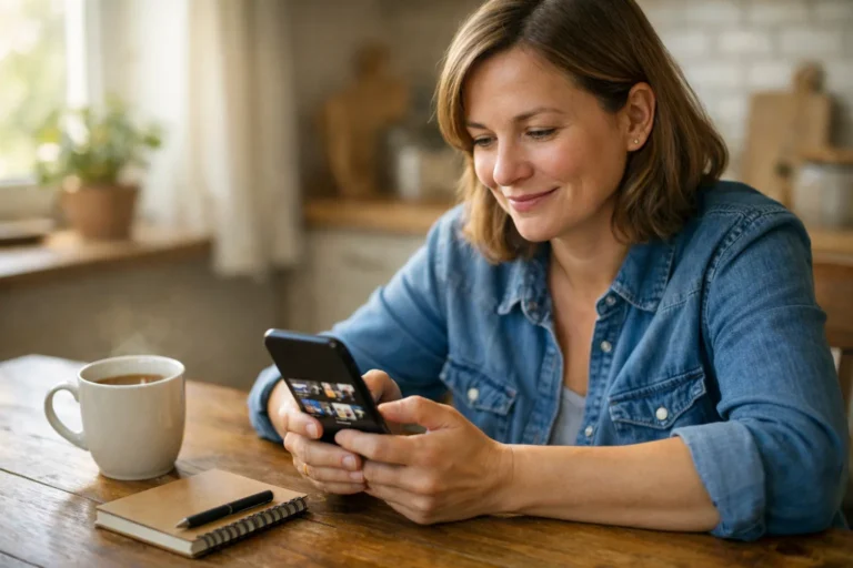 Een persoon bekijkt een smartphone aan de keukentafel om een GIF op Facebook te delen.
