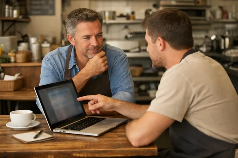 Eigenaar van een lunchzaak bespreekt met een collega een vacature bij een laptop.