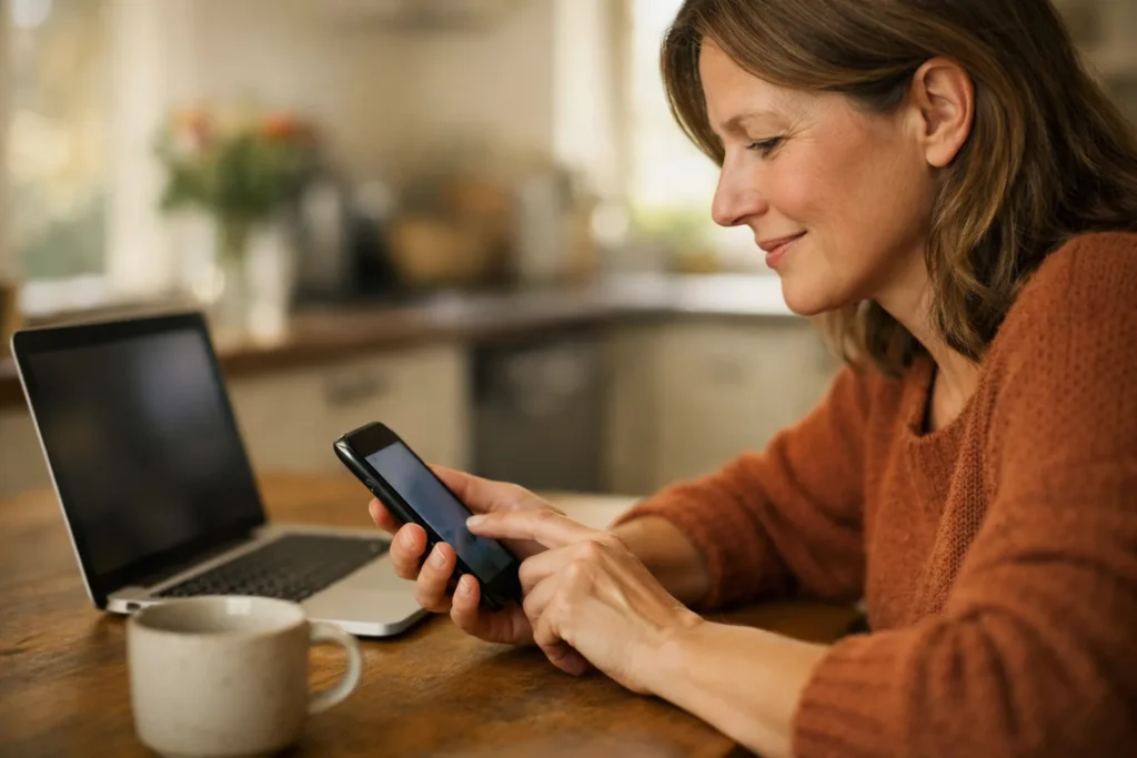 Persoon aan de keukentafel die met een smartphone een link deelt, met een laptop ernaast.