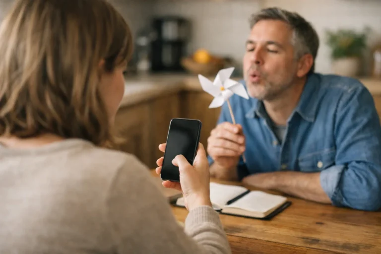 Iemand bekijkt een iPhone aan de keukentafel terwijl op de achtergrond een papieren windmolentje draait.