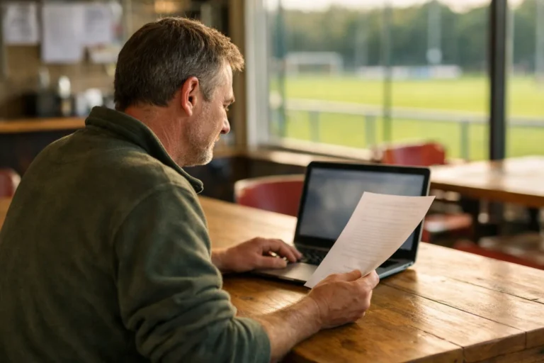Vrijwilliger aan een tafel in een sportkantine bekijkt een document naast een laptop.
