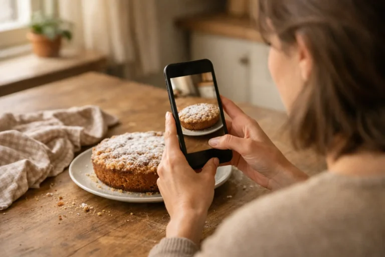 Iemand filmt een zelfgebakken taart met een telefoon voor een TikTok Story.