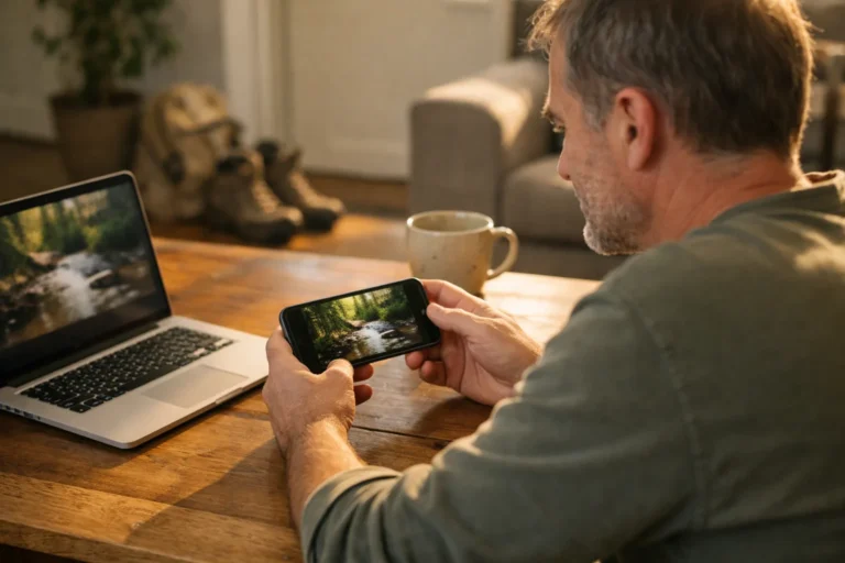 Persoon bekijkt thuis een video op een telefoon voordat die op Facebook wordt geplaatst.