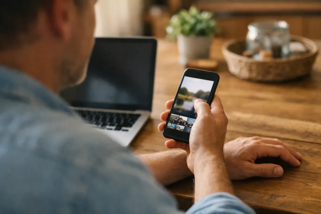 Iemand kiest aan een houten tafel een video op de telefoon om op Instagram te plaatsen.