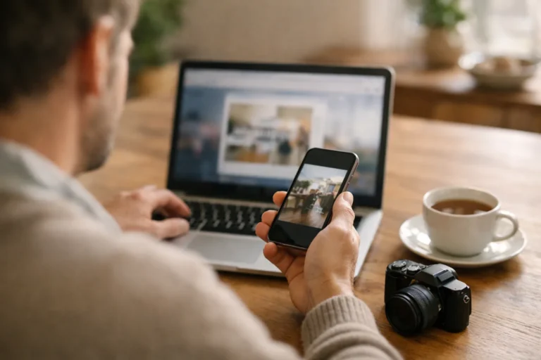 Iemand gebruikt een laptop en telefoon om een foto voor een Instagram Story klaar te zetten.